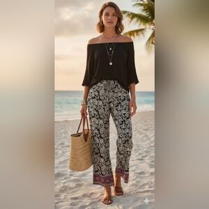 Classic Concepts Women’s Black & White Floral Wide-Leg Pants – Size S